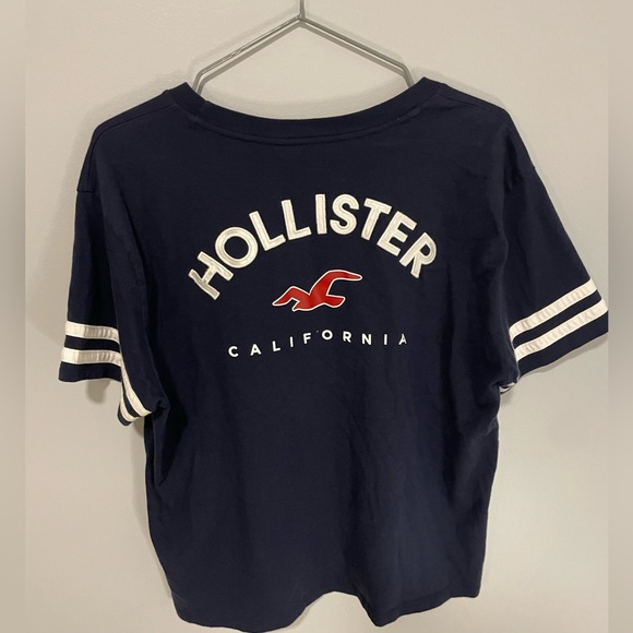 Hollister Y2K Cropped Embroidered Logo Back Designed Blue Stripe Shirt Large - Picture 3 of 5